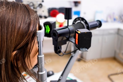 Preview: optometry concept - pretty young woman having her eyes examined by an eye doctor on a slit lamp