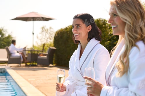 Preview: Two Mature Female Friends Wearing Robes Outdoors By Pool Drinking Champagne On Spa Day
