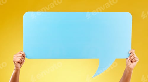 Preview: Social media announcement, person and hands with speech bubble for opinion, marketing space or bran