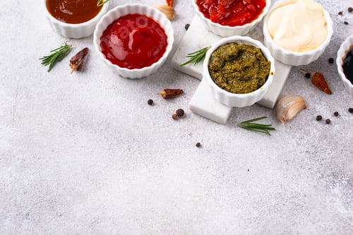 Preview: Set of different sauces. Ketchup, mustard, pesto