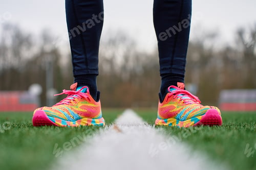 Preview: Sportsman wearing colorful running shoes on sports field grass