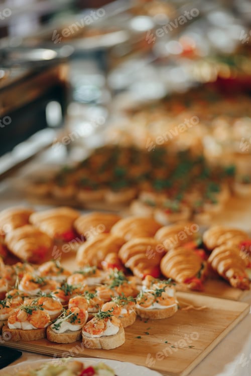 Preview: Shrimps canape sandwich on wooden board