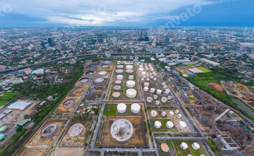 Preview: Petrochemical oil refinery in Bangkok City, Thailand. Oil and gas tanks in industry factory.