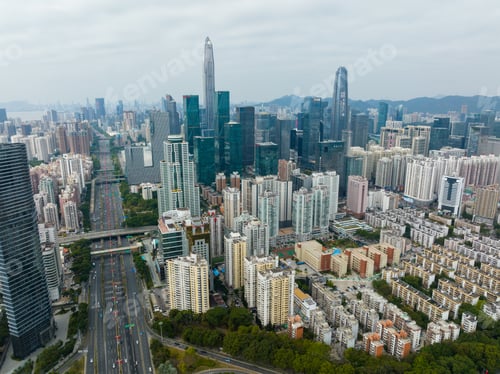 Preview: Shenzhen, China, 05 February 2022: Top view of shenzhen futian district