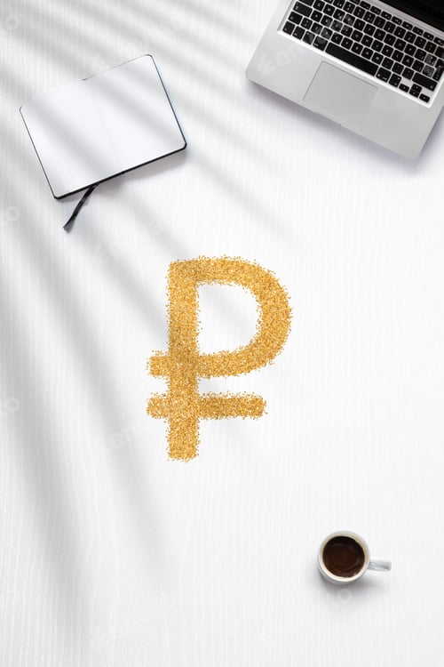 Preview: Flat lay about earning money from home with a Ruble sign