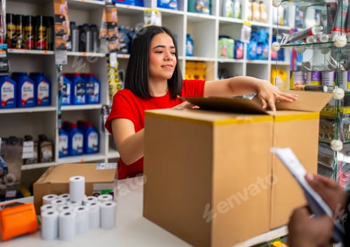 Preview: Woman employee packing a cardboard box for shipping orders in an auto parts retail store