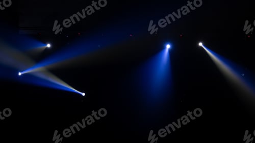 Preview: Empty stage concert with lighting laser beam spotlight show in disco pub club bar for party music