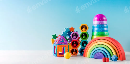 Preview: Modern toys for games and early childhood development on a blue background.
