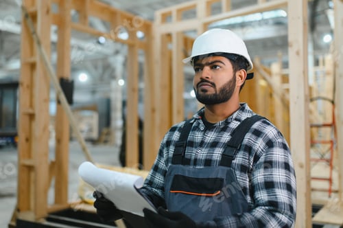 Preview: Construction of modular houses. Indian construction worker or engineer at construction site