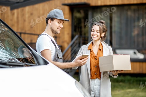 Preview: Delivery man delivering goods to a woman home by car