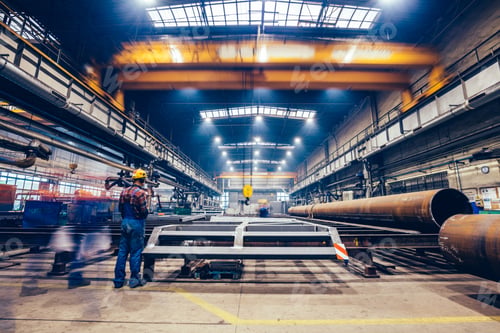 Preview: Large factory hall, blue-collar workers at work.