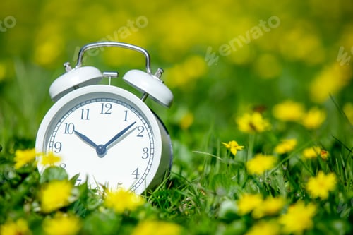 Preview: White classic alarm clock with bells on green meadow with yellow flowers