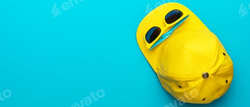 Preview: Photo Yellow Cap And Sunglasses Over Turquoise Blue Background With Copy Space