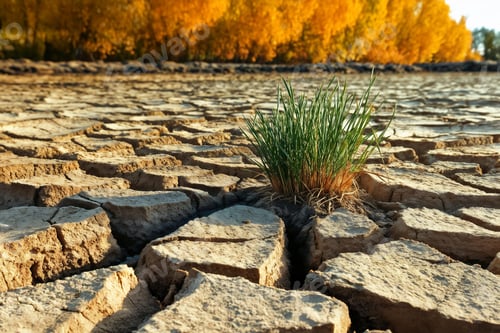 Preview: Dry cracked earth with resilient grass growing in autumn landscape