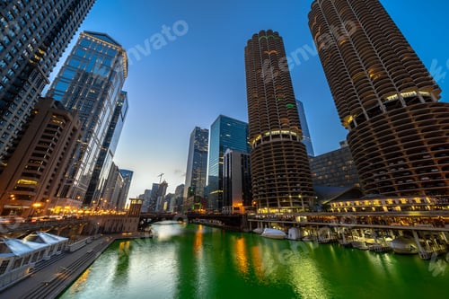 Preview: The Chicago riverwalk cityscape river side at the twilight time, USA downtown skyline,