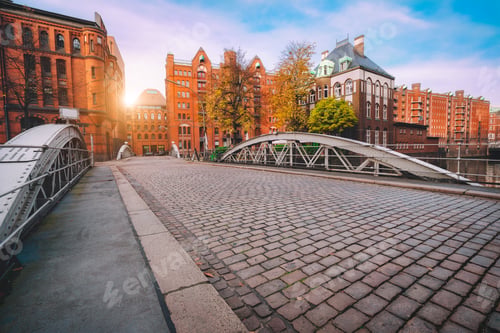 Preview: Arch bridge over canals with cobbled road in the Speicherstadt of Hamburg, Germany, Europe