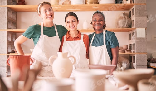 Preview: Pottery class portrait, hug and women design sculpture mold, ceramic manufacturing or art product.