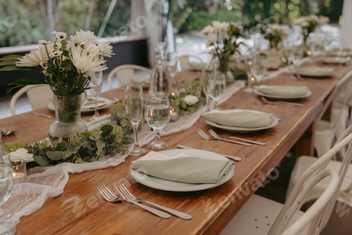 Preview: Elegant wedding table setting with flowers and glasses, perfect for a romantic celebration