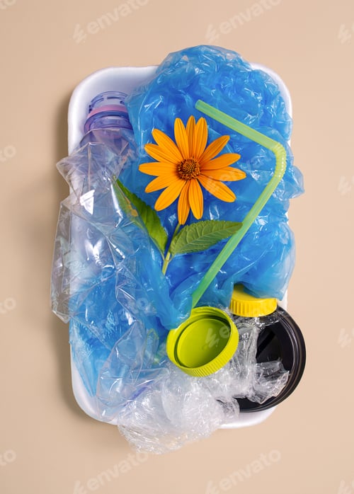 Preview: A flower in a plastic container with garbage on a beige background. Land pollution.