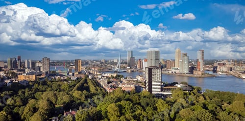 Preview: Rotterdam Netherlands cityscape and Erasmus bridge. Panoramic view from Euromast tower, sunny day