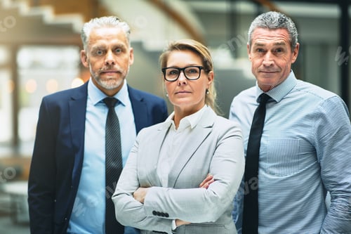 Preview: Confident mature businesswoman and two colleagues standing in an office