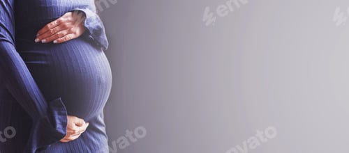 Preview: pregnant woman's belly closeup. hands hugging belly in blue background. Concept of maternal health