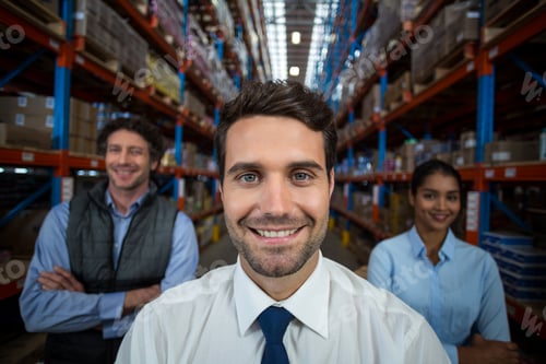 Preview: Portrait of warehouse team standing with arms crossed