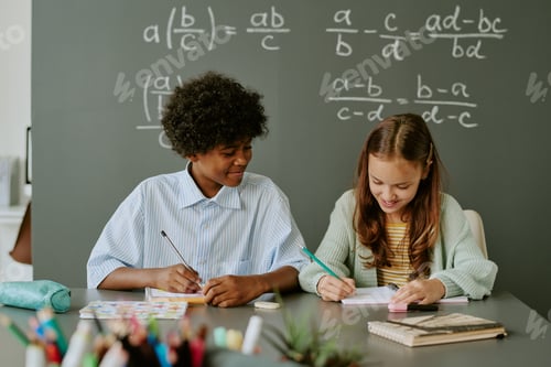 Preview: Preteen Black Boy and Caucasian Girl Studying Together in Classroom