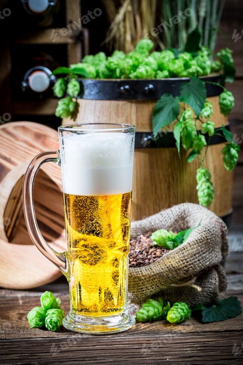 Preview: Cellar full of fresh beer on old wooden table