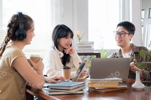Preview: A group of cheerful Asian college students are enjoying talking and discussing their group project