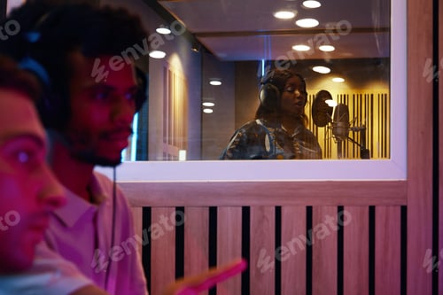 Preview: Woman Recording Song With Producers In Studio