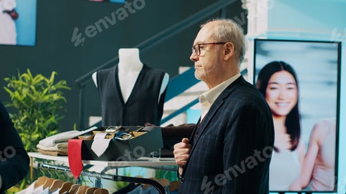 Preview: Retail clerk suggesting a tie to match a black shirt for formal wear