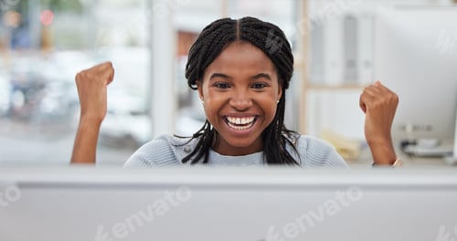 Preview: Black woman, computer or success fist in modern office, digital marketing company or advertising st