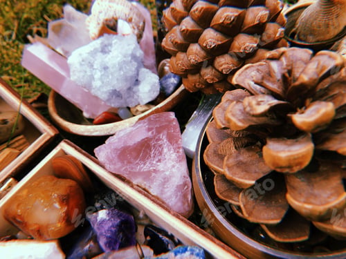 Preview: Closeup of the cones and colorful crystal stones. Selected focus.