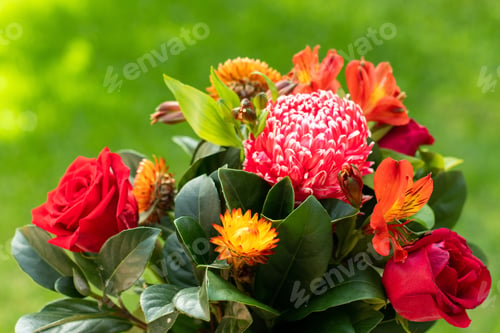 Preview: Beautiful red orange bouquet with roses, aster, Peruvian lilies, dwarf everlast on green.