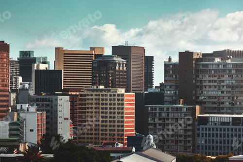 Preview: City, buildings and skyscraper with landscape for town infrastructure or architecture outdoor in na