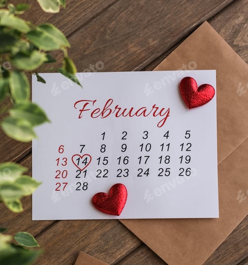 Preview: February calendar. Calendar flat lay. The 14th of February. Valentine's Day