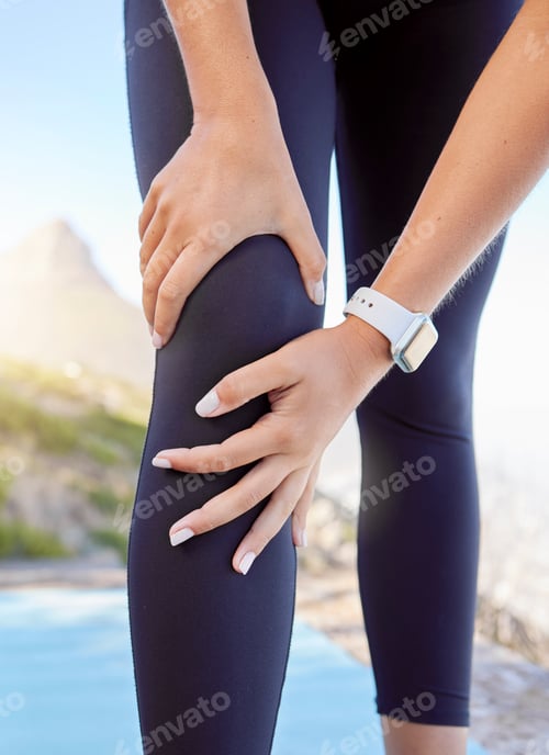 Preview: Knee pain, fitness or sport woman with muscle or leg injury for exercise, workout or running traini