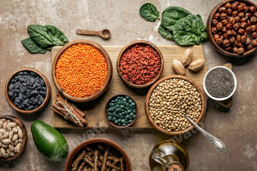 Preview: top view of wooden board with legumes, goji berries and healthy ingredients with rustic background