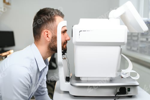 Preview: Handsome young man is checking the eye vision in modern ophthalmology clinic.