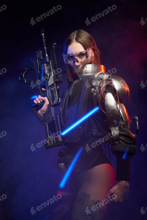 Preview: Portrait of a female mercenary with rifle in dark background with lights