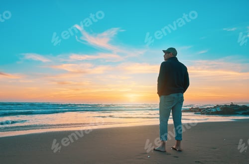 Preview: Man enjoying stunning sunset on sandy beach: feeling inspired by ocean waves and colorful sky