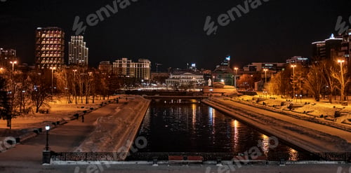 Preview: Yekaterinburg, Russia. Iset river embankment, Historical square, evening illumination.