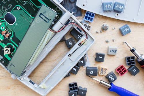 Preview: top view of disassembled LCD calculator closeup