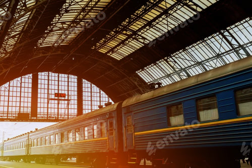 Preview: iron arches and empty platform of ancient Lviv Central Station at early morning