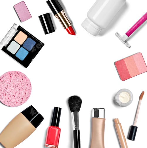 Visualização: maquiagem, escova de beleza, pó, batom, cosmético