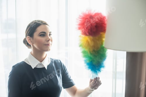 Preview: young maid in uniform cleaning floor lamp with dust brush in hotel room