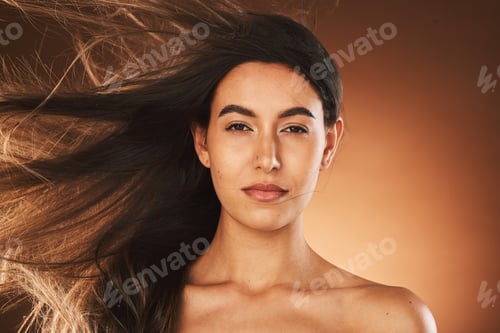 Preview: Hair care, beauty and portrait of woman in studio with healthy, long and straight hair style. Healt