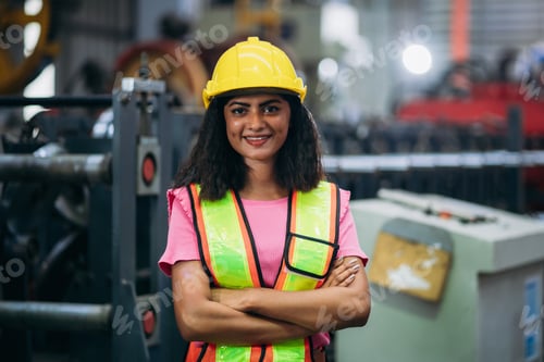 Preview: Portrait of industrial worker inspecting and check up machine at factory machines.
