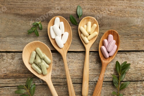 Preview: Vitamin capsules in spoons and leaves on wooden table, flat lay
